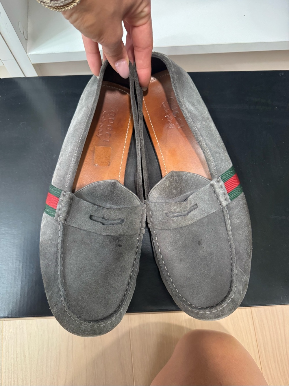Gucci Gray Suede Loafers with Green & Red Web Stripe